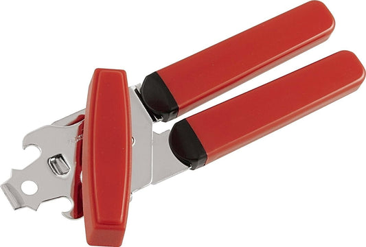 Red and silver can opener for left handed people